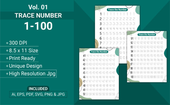 Number Trace 91–100 SVG Graphics for KDP Interiors